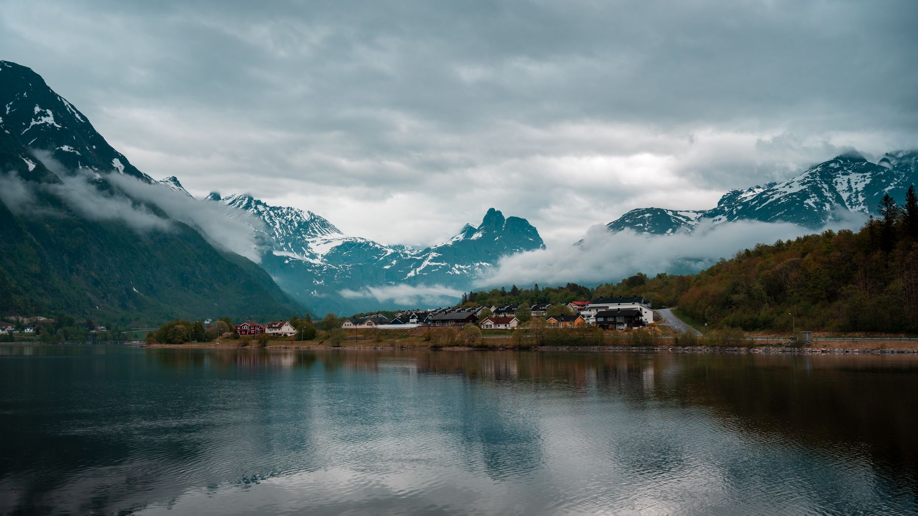 Nordic fjord in autumn mist